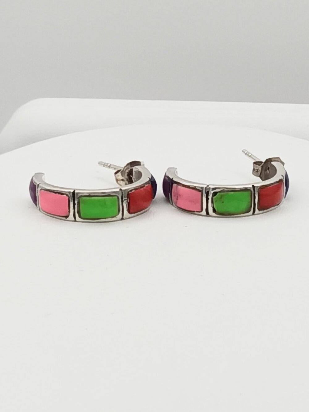 Vintage 925 Sterling Silver Thailand Multi Gemstone Hoop Earrings - SIGNED